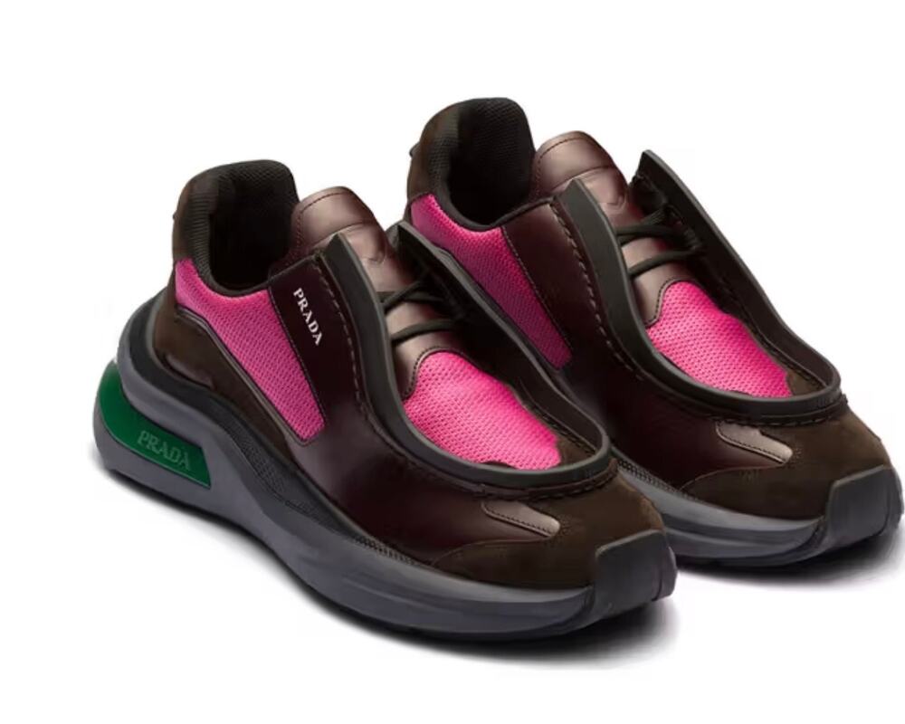 Prada Systeme Brushed Leather Bike Fabric Sneakers Granato Peonia